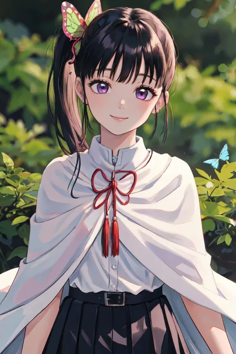 <lora:kanaotsuyuritest:1>kanao tsuyuri, black hair, butterfly, butterfly hair ornament, (purple eyes:1.1), side ponytail, ponytail,
black skirt, cape, school uniform, pleated skirt, skirt, white cape,
(best quality, masterpiece, RAW photo,ultra-detailed:1.2), <lyco:GoodHands-beta2:1.0>,1girl,solo,looking at viewer,smile