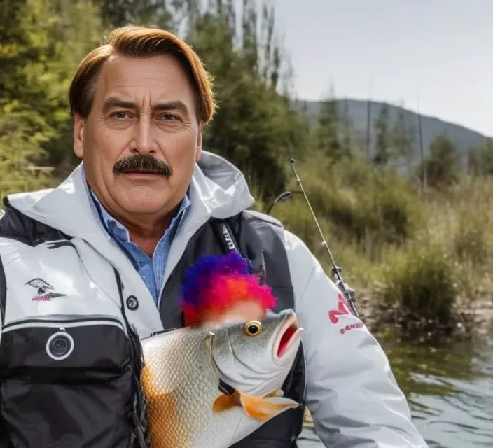 movie still of mikelindell person in a dingy on a lake, ((confused facial expression)), goofy fish inside jacket with clown hair on its head