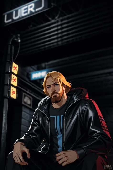 (anime), (illustration), cartoon, detailed, (dark shot:1.4), 80mm, knyaz, 1boy, solo, facial hair, male focus, beard, blonde hair, blue eyes, short hair, looking at viewer,  <lora:knyaz:0.55>
cyber city landscape, (cyberpunk:1.4), night, dark theme, cybernetic body, neon, mechanical elements on the body,  sitting on throne
 <lora:LowRA:0.6> <lora:more_details:0.38>, soft light, sharp, exposure blend, medium shot, bokeh, (hdr:1.4), high contrast, (cinematic, teal and orange:0.85), (muted colors, dim colors, soothing tones:1.3), low saturation, (hyperdetailed:1.2), (noir:0.4)