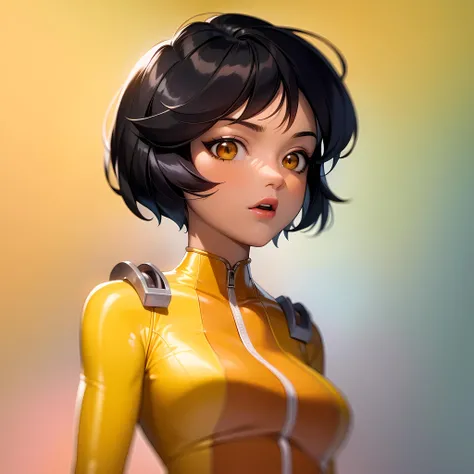 ((masterpiece, best quality)), 1girl,solo, upper body, alex, short hair, black hair, brown eyes, dark skin, lipstick, yellow bodysuit, <lora:AlexTotallySpies2:0.8>, retro artstyle, gradient background,