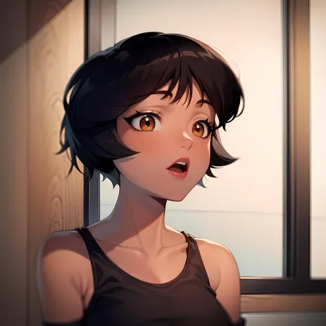 ((masterpiece, best quality)), 1girl,solo, upper body, alex, short hair, black hair, brown eyes, dark skin, lipstick, <lora:AlexTotallySpies2:0.8>, retro artstyle, black shirt,