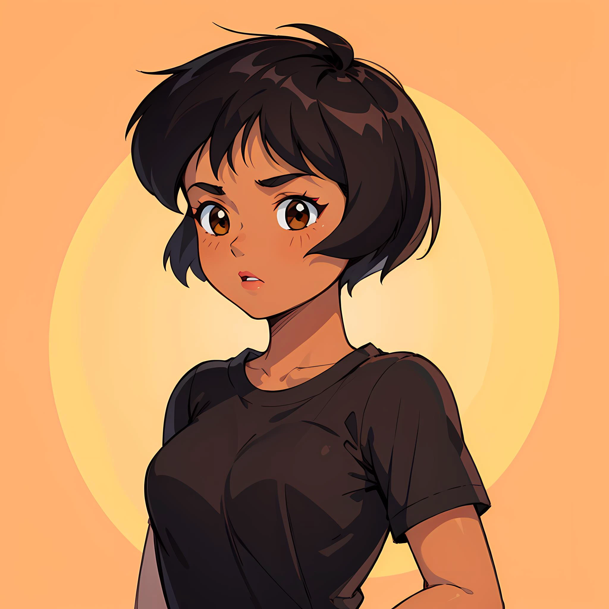 ((masterpiece, best quality)), 1girl,solo, upper body, alex, short hair, black hair, brown eyes, dark skin, tan, lipstick, black shirt, <lora:AlexTotallySpies2v2:0.6>, retro artstyle, gradient background,