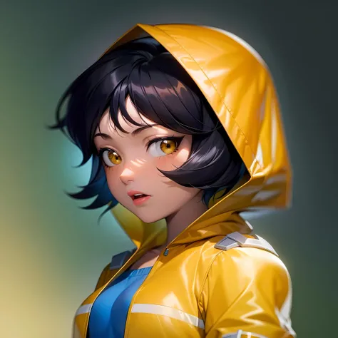 ((masterpiece, best quality)), 1girl,solo, upper body, alex, short hair, black hair, brown eyes, dark skin, lipstick, yellow hood, <lora:AlexTotallySpies2:0.8>, retro artstyle, gradient background,