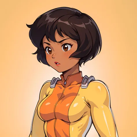 ((masterpiece, best quality)), 1girl,solo, upper body, alex, short hair, black hair, brown eyes, dark skin, tan, lipstick, bodysuit, <lora:AlexTotallySpies2v2:0.6>, retro artstyle, gradient background,