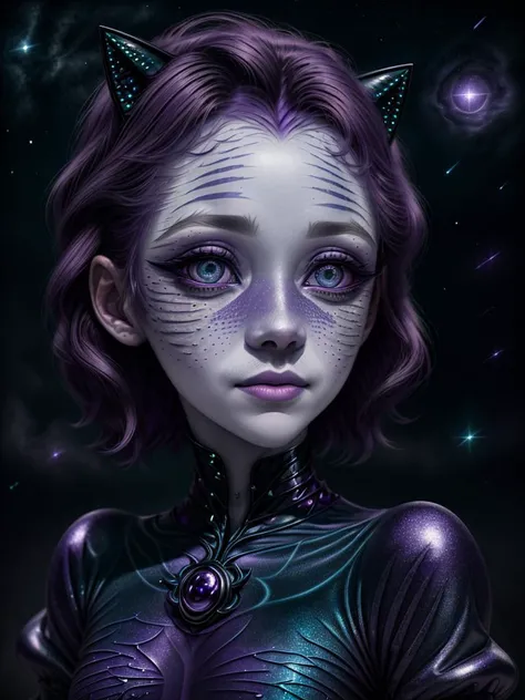 ultra detailed abstract photography of a cute pale draconian MadelynAI, portrait, (masterpiece), realistic, cinematic light, (beautiful purple cat eyes:1.3), perfect anatomy,dragon horns,
night sky moonlight, starry background,
(blackish scaly skin:1.3),black lips, black eye shadow,
hyperdetailed painting, luminism, 4k resolution,
Soft Lighting, Photographic Realism,
3d rendering, octane rendering,  <lora:MadelynAI-000011:1>