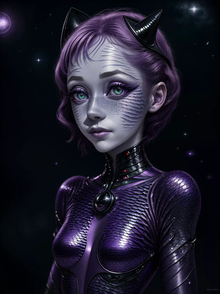 ultra detailed abstract photography of a cute pale draconian MadelynAI, portrait, (masterpiece), realistic, cinematic light, (beautiful purple cat eyes:1.3), perfect anatomy,dragon horns,
night sky moonlight, starry background,
(blackish scaly skin:1.3),black lips, black eye shadow,
hyperdetailed painting, luminism, 4k resolution,
Soft Lighting, Photographic Realism,
3d rendering, octane rendering, <lora:MadelynAI-000011:1>