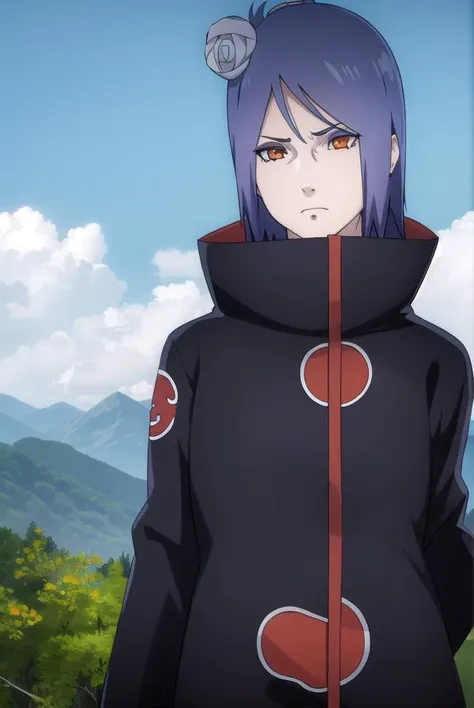 konan, <lora:konanv2.5-lora-nochekaiser:1>,
konan, short hair, hair ornament, blue hair, flower, hair flower, (orange eyes:1.2), (labret piercing:1.2), eyeshadow,
BREAK coat, cloak, black coat, black cloak, (akatsuki uniform:1.5), akatsuki \(naruto\),
BREAK outdoors, forest, nature, sky, cloud, sun,
BREAK looking at viewer, (cowboy shot:1.5),
BREAK <lyco:GoodHands-beta2:1>, (masterpiece:1.2), best quality, high resolution, unity 8k wallpaper, (illustration:0.8), (beautiful detailed eyes:1.6), extremely detailed face, perfect lighting, extremely detailed CG, (perfect hands, perfect anatomy),