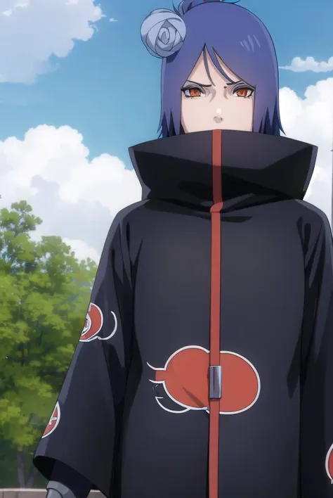 konan, <lora:konanv2.5-lora-nochekaiser:1>,
konan, short hair, hair ornament, blue hair, flower, hair flower, (orange eyes:1.2), (labret piercing:1.2), eyeshadow,
BREAK coat, cloak, black coat, black cloak, (akatsuki uniform:1.5), akatsuki \(naruto\),
BREAK outdoors, forest, nature, sky, cloud, sun,
BREAK looking at viewer, (cowboy shot:1.5),
BREAK <lyco:GoodHands-beta2:1>, (masterpiece:1.2), best quality, high resolution, unity 8k wallpaper, (illustration:0.8), (beautiful detailed eyes:1.6), extremely detailed face, perfect lighting, extremely detailed CG, (perfect hands, perfect anatomy),