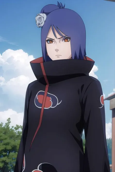 konan, <lora:konanv2.5-lora-nochekaiser:1>,
konan, short hair, hair ornament, blue hair, flower, hair flower, (orange eyes:1.2), (labret piercing:1.2), eyeshadow,
BREAK coat, cloak, black coat, black cloak, (akatsuki uniform:1.5), akatsuki \(naruto\), (akatsuki uniform:1.5),
BREAK outdoors, forest, nature, sky, cloud, sun,
BREAK looking at viewer, (cowboy shot:1.5),
BREAK <lyco:GoodHands-beta2:1>, (masterpiece:1.2), best quality, high resolution, unity 8k wallpaper, (illustration:0.8), (beautiful detailed eyes:1.6), extremely detailed face, perfect lighting, extremely detailed CG, (perfect hands, perfect anatomy),
