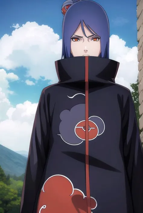 konan, <lora:konanv2.5-lora-nochekaiser:1>,
konan, short hair, hair ornament, blue hair, flower, hair flower, (orange eyes:1.2), (labret piercing:1.2), eyeshadow,
BREAK coat, cloak, black coat, black cloak, (akatsuki uniform:1.5), akatsuki \(naruto\), (akatsuki uniform:1.5),
BREAK outdoors, forest, nature, sky, cloud, sun,
BREAK looking at viewer, (cowboy shot:1.5),
BREAK <lyco:GoodHands-beta2:1>, (masterpiece:1.2), best quality, high resolution, unity 8k wallpaper, (illustration:0.8), (beautiful detailed eyes:1.6), extremely detailed face, perfect lighting, extremely detailed CG, (perfect hands, perfect anatomy),