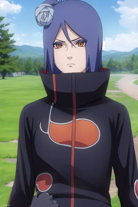 konan, <lora:konanv2.5-lora-nochekaiser:1>,
konan, short hair, hair ornament, blue hair, flower, hair flower, (orange eyes:1.2), (labret piercing:1.2), eyeshadow,
BREAK coat, cloak, black coat, black cloak, (akatsuki uniform:1.5), akatsuki \(naruto\),
BREAK outdoors, forest, nature, sky, cloud, sun,
BREAK looking at viewer, (cowboy shot:1.5),
BREAK <lyco:GoodHands-beta2:1>, (masterpiece:1.2), best quality, high resolution, unity 8k wallpaper, (illustration:0.8), (beautiful detailed eyes:1.6), extremely detailed face, perfect lighting, extremely detailed CG, (perfect hands, perfect anatomy),