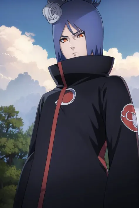 konan, <lora:konanv2.5-lora-nochekaiser:1>,
konan, short hair, hair ornament, blue hair, flower, hair flower, (orange eyes:1.2), (labret piercing:1.2), eyeshadow,
BREAK coat, cloak, black coat, black cloak, (akatsuki uniform:1.5), akatsuki \(naruto\),
BREAK outdoors, forest, nature, sky, cloud, sun,
BREAK looking at viewer, (cowboy shot:1.5),
BREAK <lyco:GoodHands-beta2:1>, (masterpiece:1.2), best quality, high resolution, unity 8k wallpaper, (illustration:0.8), (beautiful detailed eyes:1.6), extremely detailed face, perfect lighting, extremely detailed CG, (perfect hands, perfect anatomy),