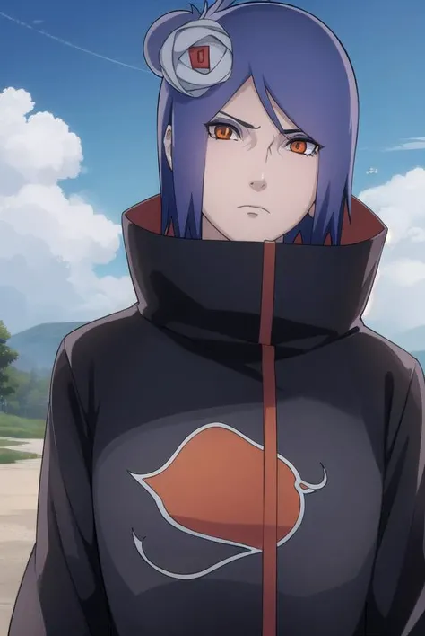 konan, <lora:konanv2.5-lora-nochekaiser:1>,
konan, short hair, hair ornament, blue hair, flower, hair flower, (orange eyes:1.2), (labret piercing:1.2), eyeshadow,
BREAK coat, cloak, black coat, black cloak, (akatsuki uniform:1.5), akatsuki \(naruto\),
BREAK outdoors, forest, nature, sky, cloud, sun,
BREAK looking at viewer, (cowboy shot:1.5),
BREAK <lyco:GoodHands-beta2:1>, (masterpiece:1.2), best quality, high resolution, unity 8k wallpaper, (illustration:0.8), (beautiful detailed eyes:1.6), extremely detailed face, perfect lighting, extremely detailed CG, (perfect hands, perfect anatomy),