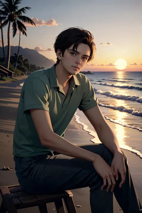 ((ultra detailed, masterpiece, absurdres))
 <lora:QuarryDylan:0.9>
QuarryDylan, 1boy, solo, brown hair, brown eyes, sitting at the beach, palm trees, ocean, waves, sundown, cinematic lighting