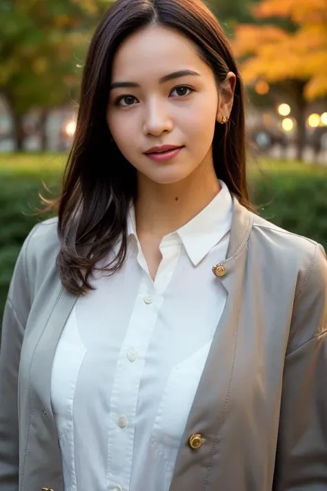 1girl,(wearing a collared blouse and long jacket:1.2),(RAW photo, best quality), (realistic, photo-realistic:1.4), masterpiece, an extremely delicate and beautiful, extremely detailed, 2k wallpaper, Amazing, finely detail, extremely detailed CG unity 8k wallpaper, ultra-detailed, highres, soft light, beautiful detailed girl, extremely detailed eyes and face, beautiful detailed nose, beautiful detailed eyes,cinematic lighting,city lights at night,autumn scenery,maple leaves in autumn,in a park,park light,perfect anatomy,slender body,smiling,bokeh   <lora:denyaerika_lora:0.8>