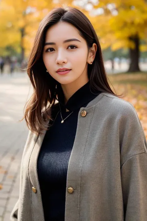 1girl,(wearing an avante garde blouse and long jacket:1.2),(RAW photo, best quality), (realistic, photo-realistic:1.4), masterpiece, an extremely delicate and beautiful, extremely detailed, 2k wallpaper, Amazing, finely detail, extremely detailed CG unity 8k wallpaper, ultra-detailed, highres, soft light, beautiful detailed girl, extremely detailed eyes and face, beautiful detailed nose, beautiful detailed eyes,cinematic lighting,city lights at night,autumn scenery,maple leaves in autumn,in a park,park light,perfect anatomy,slender body,smiling,bokeh <lora:denyaerika_lora:0.8>