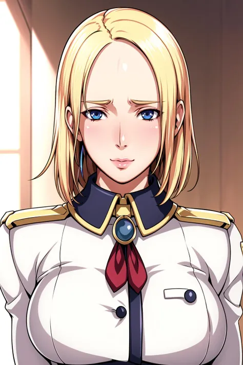 Simple White Background,
military, military uniform, pantyhose, pencil skirt,tie,buttons, long sleeves,gloves,
<lora:Leil_Schwar_DirtyPrisonShip-KK77-V1:0.7>,epaulettes, ascot, 
blueeyes, blonde hair,bangs, Short hair,makeup, hair cover one eye,
<lora:Oda_Non_Style-KK77-V2:0.3>,<lora:more_details:0.1>,
1 girl, 20yo,Young female,Beautiful Finger,Beautiful long legs,Beautiful body,
Beautiful Nose,Beautiful character design, perfect eyes, perfect face,expressive eyes,perfect balance,
looking at viewer,(Focus on her face),closed mouth, (innocent_big_eyes:1.0),(Light_Smile:0.3),
official art,extremely detailed CG unity 8k wallpaper, perfect lighting,Colorful, Bright_Front_face_Lighting,White skin,
(masterpiece:1.0),(best_quality:1.0), ultra high res,4K,ultra-detailed,
photography, 8K, HDR, highres, absurdres:1.2, Kodak portra 400, film grain, blurry background, bokeh:1.2, lens flare, (vibrant_color:1.2),professional photograph,
(Beautiful,large_Breasts:1.4), (beautiful_face:1.5),(narrow_waist),