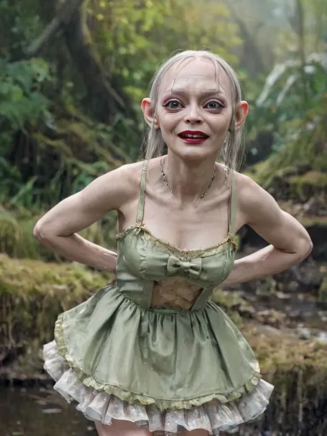 modeling photo gollum wearing colorful idol dress, bow, (((makeup))), red ((lipstick)), (((eyeshadow))), (eyeliner:1.6), penciled eyebrows, necklace, kawaii, cute pose, swamp background <lora:gollum v1a:0.6> <lora:xl_idol_dress-2.0:0.6>