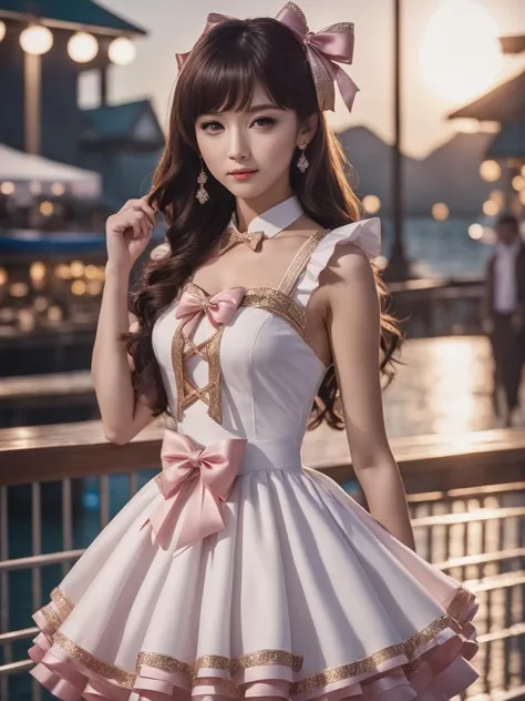 cinematic photo beautiful girl, idol dress, bows, ribbons, boardwalk <lora:xl_idol_dress-1.0:0.8> . 35mm photograph, film, bokeh, professional, 4k, highly detailed