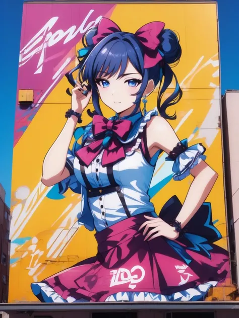 Graffiti style mural of a beautiful idol girl on a billboard on the side of a building, <lora:xl_idol_dress-2.0:0.8>, idol dress, big bow, twintails . Street art, vibrant, urban, detailed, tag, mural