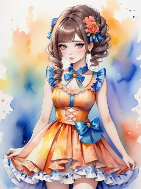 Watercolor painting beautiful idol girl wearing an idol dress, <lora:xl_idol_dress-2.0:0.8> . Vibrant, beautiful, painterly, detailed, textural, artistic