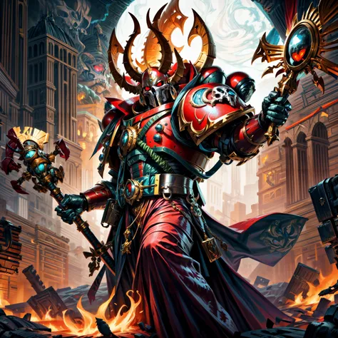 Generate a stunning art style, a true [masterpiece] [best quality] of art. The image showcases [detailed linework], [dynamic shading], and [dramatic lighting], bringing to life a [dreading atmosphere, grim dark coloures] . In the background a [gothic desert hive spire city, warhammer 40k] is to be seen in [grand:1.8, high-scale:1.8, panorama:1.8]  from  [from below]. A [thunder storm:1.2, midnight, horror ambiance] is raging.
ahriman as [ascended], solo is [full body view, standing, from from above ] in front of the edge of a tower.  He is wearing a[stunning red armor, full armor, skull mask] with [bird-skull ornaments, glowing eyes, armor, helm details, skull, gold detail armor, armor detail, metal trimmings, staff, book, multiple horns].  He is holding a[polearm, magic].
<lora:more_details:1>  <lora:Ahzek Ahriman MK1 by CARAXES:0.7>