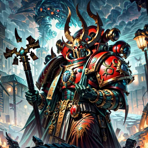 Generate a stunning art style, a true [masterpiece] [best quality] of art. The image showcases [detailed linework], [dynamic shading], and [dramatic lighting], bringing to life a [dreading atmosphere, grim dark coloures] . In the background a [gothic desert hive spire city, warhammer 40k] is to be seen in [grand:1.8, high-scale:1.8, panorama:1.8]  from  [from below]. A [thunder storm:1.2, midnight, horror ambiance] is raging.
ahriman as [ascended], solo is [full body view, standing, from from above ] in front of the edge of a tower.  He is wearing a[stunning red armor, full armor, skull mask] with [bird-skull ornaments, glowing eyes, armor, helm details, skull, gold detail armor, armor detail, metal trimmings, staff, book, multiple horns].  He is holding a[polearm, magic].
<lora:more_details:1>  <lora:Ahzek Ahriman MK1 by CARAXES:0.7>