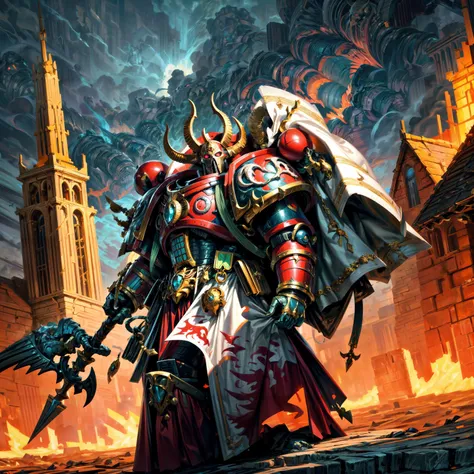 Generate a stunning art style, a true [masterpiece] [best quality] of art. The image showcases [detailed linework], [dynamic shading], and [dramatic lighting], bringing to life a [dreading atmosphere, grim dark coloures] . In the background a [gothic desert hive spire city, warhammer 40k] is to be seen in [grand:1.8, high-scale:1.8, panorama:1.8]  from  [from below]. A [thunder storm:1.2, midnight, horror ambiance] is raging.
ahriman as [ascended], solo is [full body view, standing, from from above ] in front of the edge of a tower.  He is wearing a[stunning red armor, full armor, skull mask] with [bird-skull ornaments, glowing eyes, armor, helm details, skull, gold detail armor, armor detail, metal trimmings, staff, book, multiple horns].  He is holding a[polearm, magic].
<lora:more_details:1>  <lora:Ahzek Ahriman MK1 by CARAXES:0.7>