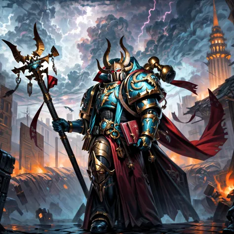 Generate a stunning art style, a true [masterpiece] [best quality] of art. The image showcases [detailed linework], [dynamic shading], and [dramatic lighting], bringing to life a [dreading atmosphere, grim dark coloures] . In the background a [gothic desert hive spire city, warhammer 40k] is to be seen in [grand:1.8, high-scale:1.8, panorama:1.8]  from  [from below]. A [((thunder storm:1.2)), midnight, horror ambiance] is raging.
ahriman as [ascended], solo is [full body view, standing, from from above ] in front of the edge of a tower.  He is wearing a[stunning  full armor, skull mask] with [bird-skull ornaments, glowing eyes, armor, helm details, skull, gold detail armor, armor detail, metal trimmings, staff, book, multiple horns].  He is holding a[polearm, magic].
<lora:more_details:1>  <lora:Ahzek Ahriman MK1 by CARAXES:0.7>