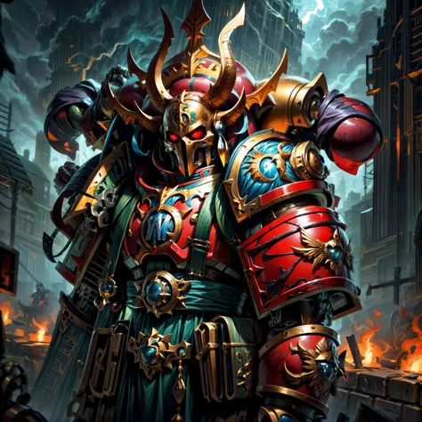 Generate a stunning art style, a true [masterpiece] [best quality] of art. The image showcases [detailed linework], [dynamic shading], and [dramatic lighting], bringing to life a [dreading atmosphere, grim dark coloures] . In the background a [gothic desert hive spire city, warhammer 40k] is to be seen in [grand:1.8, high-scale:1.8, panorama:1.8]  from  [from below]. A [thunder storm:1.2, midnight, horror ambiance] is raging.
ahriman as [ascended], solo is [full body view, standing, from from above ] in front of the edge of a tower.  He is wearing a[stunning red armor, full armor, skull mask] with [bird-skull ornaments, glowing eyes, armor, helm details, skull, gold detail armor, armor detail, metal trimmings, staff, book, multiple horns].  He is holding a[polearm, magic].
<lora:more_details:1>  <lora:Ahzek Ahriman MK1 by CARAXES:0.7>