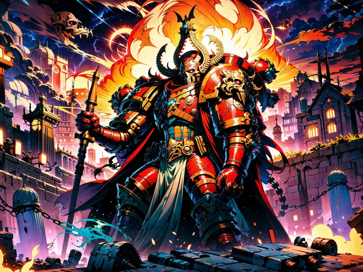 [1girl, rogue trader, solo, armor, full body, epaulettes, jewelry, holding weapon, hat, uniform, cape, shoulder armor, bicorne, prosthetic arm, high heel boots], exploring_ruins, ruins, towering_city, ruined_city,   Khorne_World, (skulls), chain, spikes, fantasy, fire, red glow, red theme, comic_style, by Garth Ennis, thick_lines, hand_colored, small_figure, dynamic_pose, ultra-detailed), (masterpiece), (best_quality), (cinematic_lighting), (vibrant_colors)