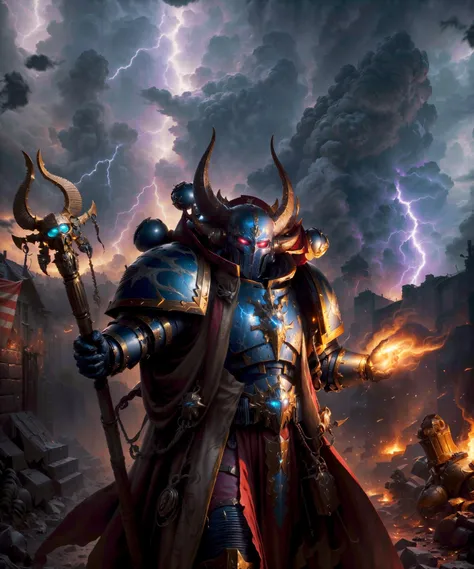 (waist-up, medium shot:1.1), closeup, epic photographic portrait of (ahriman, ascended:1.2), wearing (full armor:1.3), blue breastplate, gold armor details, pauldron, (horned helmet:1.1), multiple horns, glowing eyes, (broad shoulders:1.3), narrow waist, tall, (holding staff:1.3), (casting spell, fireball:1.2), hand raised, (pointing at viewer:1.1), scarab icon on breastplate, parchment, scroll, hanging scroll, bird-skull ornaments, skull,
(outdoors:1.2), (alien scenery, alien planet, thunder, storm, lightning, magic energy:1.2), (dark magic ritual:1.2), science fiction, dim lighting, soft lighting, subsurface scattering, (extremely detailed, 8k), high detail, sharp focus, dramatic, dynamic composition, cinematic lighting, accent lighting, epic, ray tracing, post-processing, unreal engine, metal reflections,
(absurdres, high quality, highres, best quality,:1.3), golden ratio composition, rule of thirds, cinematic,
<lora:Ahzek Ahriman MK1.5 by CARAXES:0.75> <lora:more_details:0.6>