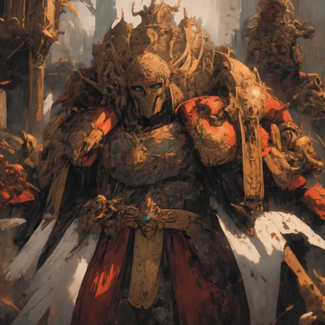 (watercolor \(medium\)),   (group of rubricis), [portrait, standing ]. He is holding a[sword]. He is wearing a[stunning full armor, mask] with [bird-skull ornaments, glowing eyes, armor, helm details,  gold detail armor, armor detail, metal trimmings].
<lora:Ahzek Ahriman MK1 by CARAXES:0.8>