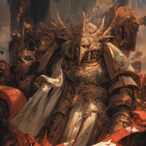 (watercolor \(medium\)),   (group of rubricis), [portrait, standing ]. He is holding a[sword]. He is wearing a[stunning full armor, mask] with [bird-skull ornaments, glowing eyes, armor, helm details,  gold detail armor, armor detail, metal trimmings].
<lora:Ahzek Ahriman MK1 by CARAXES:0.8>