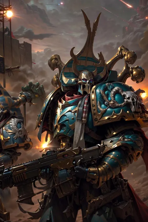 cowboy shot, photo of ahriman, ascended, and group of rubric, space marines, wearing full armor, bird skull ornaments, glowing eyes, armor, helm details, skull, gold detail armor, armor detail, metal trimmings, gun,
battle, army, firing, gun, multipleboys,
standing by desert storm, sandstorm, dune, dark ambiance, ((dawn:1.2)), dim sun light, <lora:tool - add_detail:0.6> <lora:Ahzek Ahriman MK1.5 by CARAXES:0.9>
