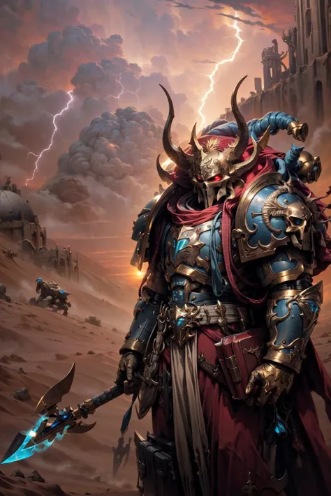 cowboy shot, photo of ahriman, ascended, wearing full armor, bird-skull ornaments, glowing eyes, armor, helm details, skull, gold detail armor, armor detail, metal trimmings, staff, book, holding polearm, multiple horns,
magic, lightning magic,
standing by desert storm, sandstorm, dune, dark ambiance, ((dawn:1.2)), dim sun light, <lora:tool - add_detail:0.6> <lora:Ahzek Ahriman MK1.5 by CARAXES:0.7>