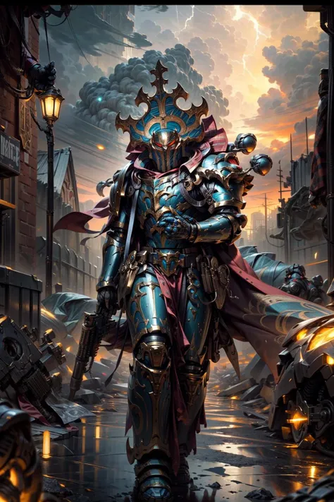 A man in armor walking down a street with a sword - SeaArt AI