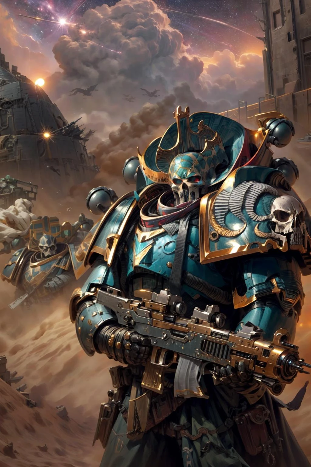 cowboy shot, photo of a group of rubric, space marines, wearing full armor, bird skull ornaments, glowing eyes, armor, helm details, skull, gold detail armor, armor detail, metal trimmings, gun,
battle, army, firing, gun, multipleboys,
standing by desert storm, sandstorm, dune, dark ambiance, ((dawn:1.2)), dim sun light, <lora:tool - add_detail:0.6> <lora:Ahzek Ahriman MK1.5 by CARAXES:0.9>