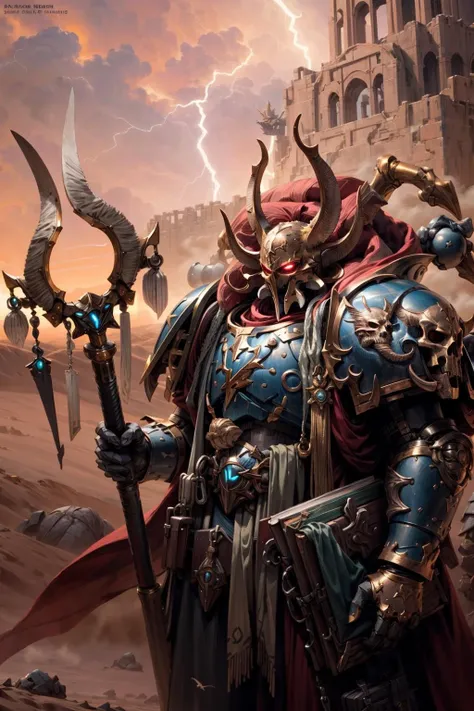 cowboy shot, photo of ahriman, ascended, wearing full armor, bird-skull ornaments, glowing eyes,  armor, helm details, skull, gold detail armor, armor detail, metal trimmings, staff, book, holding polearm, multiple horns, 
magic, lightning magic, 
standing by desert storm, sandstorm, dune, dark ambiance,  ((dawn:1.2)), dim sun light,     <lora:tool - add_detail:0.6>   <lora:Ahzek Ahriman MK1.5 by CARAXES:0.7>