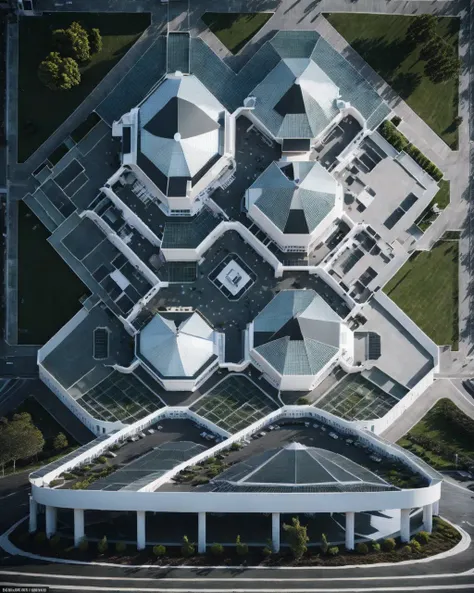 <lora:Extra:1>vertical panorama of an aerial view of a building with a circular roof