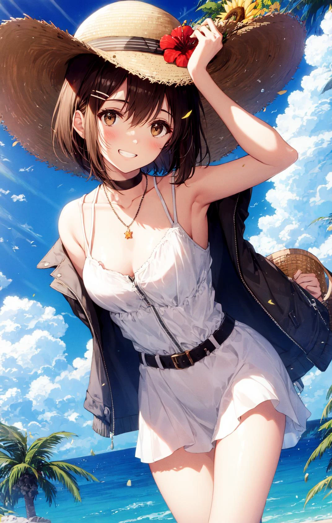 1girl, arms_up, bag, bangs, basket, belt, black_choker, blue_sky, blush, breasts, brown_eyes, brown_hair, choker, cleavage, cloud, cloudy_sky, collarbone, cowboy_shot, day, dress, eyebrows_visible_through_hair, flower, grin, hair_between_eyes, hair_ornament, hairclip, hand_on_headwear, handbag, hands_on_headwear, hat, hibiscus, jacket, jewelry, looking_at_viewer, medium_breasts, necklace, open_clothes, outdoors, palm_tree, plaid, red_flower, short_hair, short_sleeves, shoulder_bag, skirt, sky, smile, solo, straw_hat, sun_hat, sunflower, thighs, tree, virtual_youtuber, white_dress <lora:style_necomi:1>