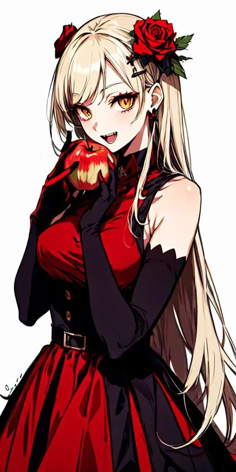 kujo ringo,<lyco:kujo ringo:0.8>,1girl, blonde hair, apple, red gloves, solo, fruit, long hair, dress, yellow eyes, food, gloves, flower, rose, elbow gloves, holding fruit, holding, red flower, smile, holding food, black dress, sleeveless, jewelry, looking at viewer, bare shoulders, red rose, hair ornament, earrings, sleeveless dress, makeup, white background, fangs, slit pupils, red apple, vampire, open mouth, signature, breasts, very long hair, bangs, star (symbol), teeth, eyeshadow