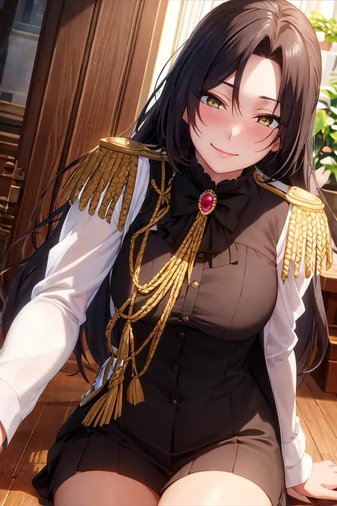 masterpiece, (best quality), 1woman,1girl ,dominique_de_sade, black hair, long hair, yellow eyes,epaulettes,uniform,parted bangs,sexy woman,smile, bow, long sleeves,closed clothes, embarrassed,blush, ((date:1.2)), vibrant colors ,natural lighting ,RTX, , beautiful, (detailed face:1.2), showcase, (perfect eyes:1.1) ,(photorealistic:1.1), 8k uhd, looking at viewer, indoors, simple backround