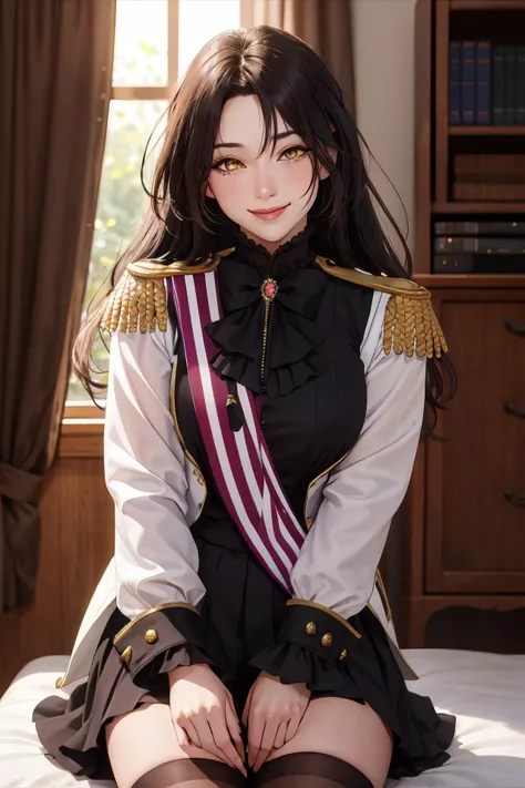 masterpiece, (best quality), 1woman,1girl ,dominique_de_sade, black hair, long hair, (yellow eyes),epaulettes,uniform,parted bangs,sexy woman,smile, bow, long sleeves,closed clothes, embarrassed,blush, vibrant colors ,natural lighting ,RTX, , beautiful, (detailed face:1.2), showcase, (perfect eyes:1.1) ,(photorealistic:1.1), 8k uhd, looking at viewer, indoors, simple backround,