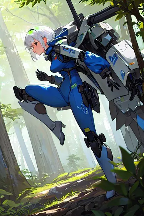 a girl in blue clothes and white hair piloting a silver mech in a forest, mecha focus, mech, robot