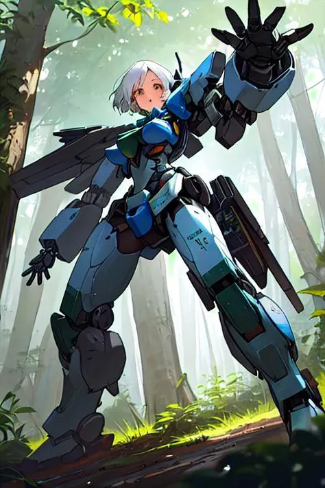 a girl in blue clothes and white hair piloting a silver mech in a forest, mecha focus, mech, robot