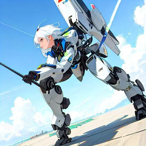 a girl white hair piloting a silver robot