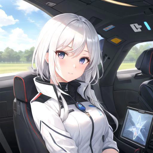 a girl white hair piloting a silver robot