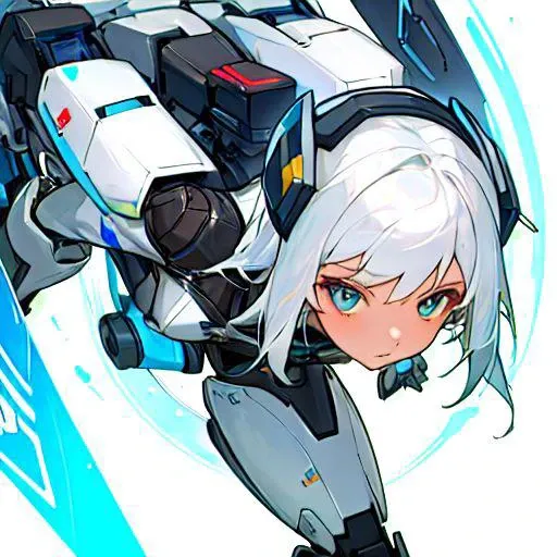 a girl white hair piloting a silver robot