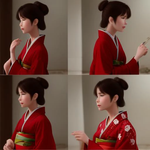 closeup a girl in red kimono, sequence